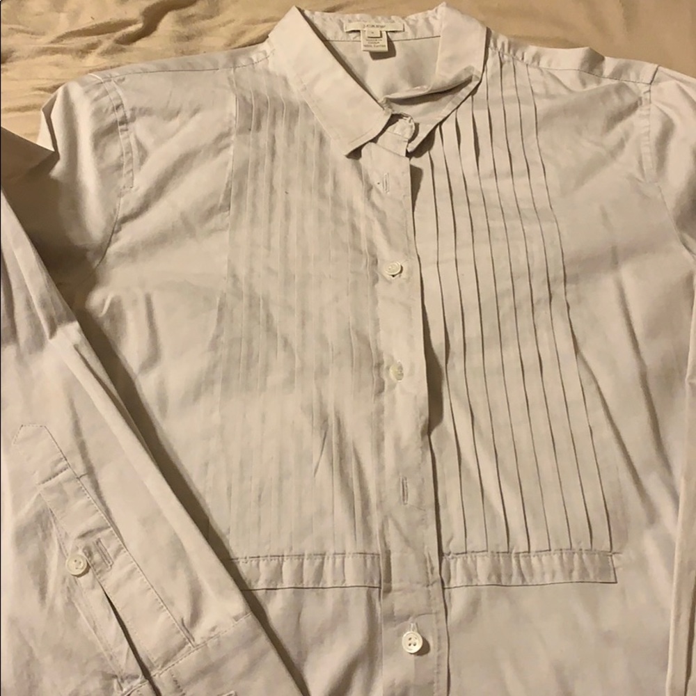 beige button down with tuxedo bib